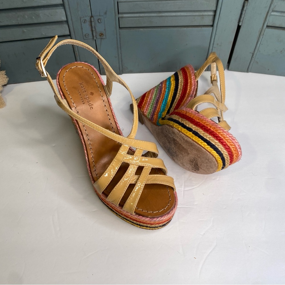 kate spade Yellow Leather Strappy Wedge Sandals with Multicolor Espadrille